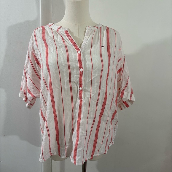 Tommy Hilfiger Tops - Tommy Hilfiger Women's Relaxed Fit White Orange Striped Button-Down Top Sz S